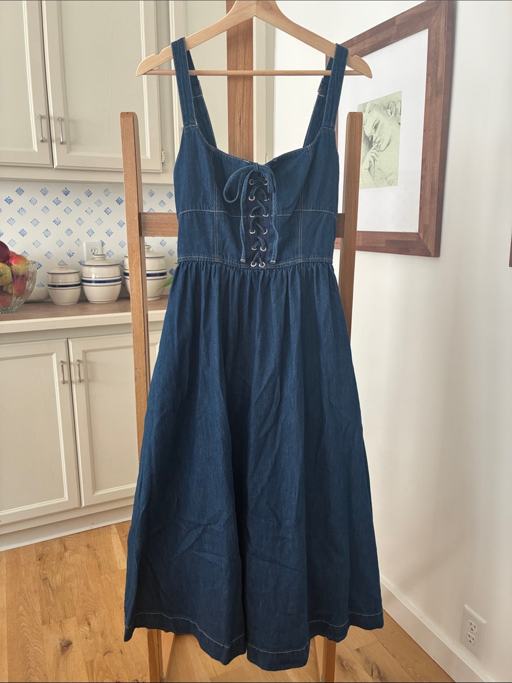 Blu Pepper Denim Lace-Up Midi Dress in Deep Blue